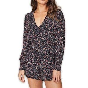 Lost And Wander Romper Wrap Long Sleeve Side Pockets Floral Black W Medium NWOT